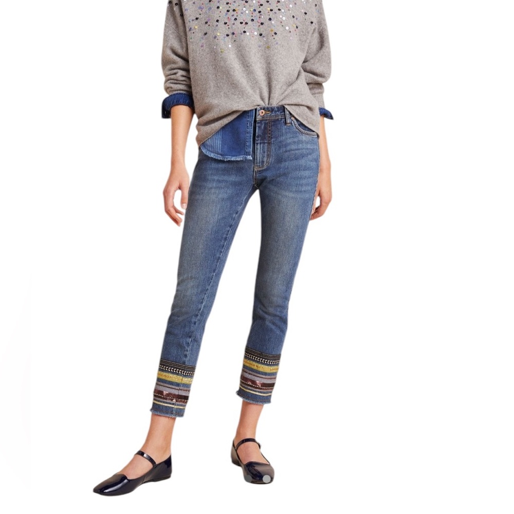 Anthropologie Pilcro Embroidered Hem Medium Wash Slim Straight Jeans size 27